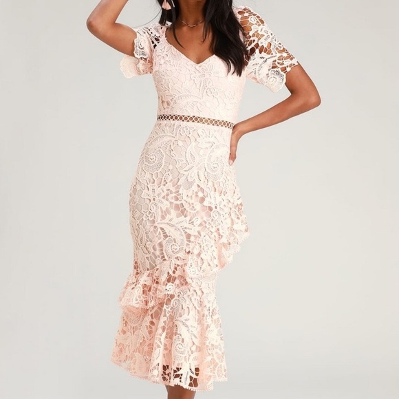 Lulus Dresses & Skirts - Lulus Women M Briarwood Blush Pink Lace Ruffled Bodycon Midi Dress NWT